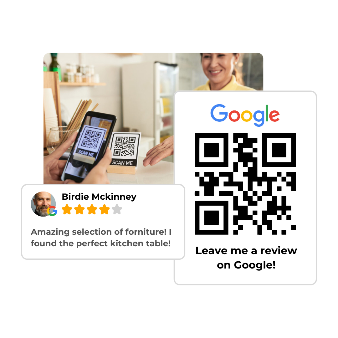 Customer holding phone scanning QR code for review, simplifying the process of leaving feedback.